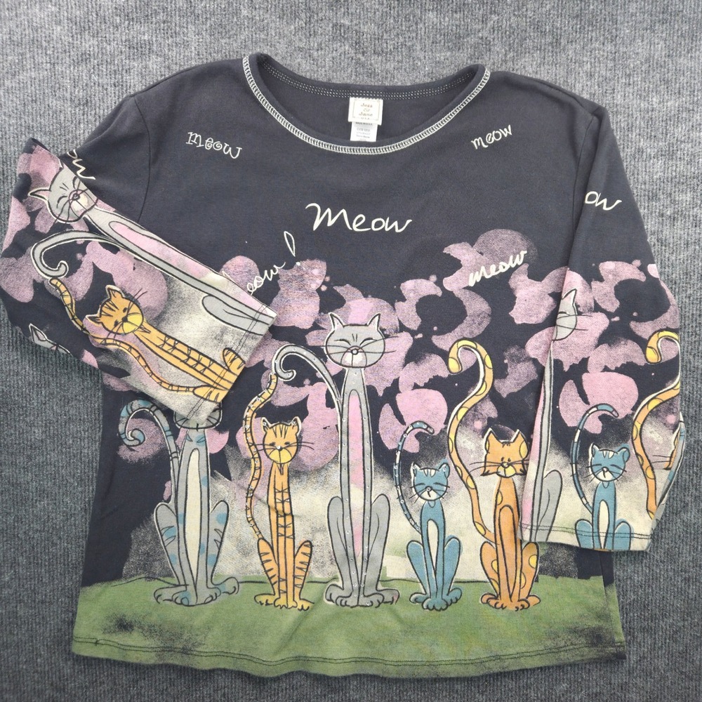 Vintage Y2K Jess & Jane Meow Meow Cat Graphic Long Sleeve Top Large USA